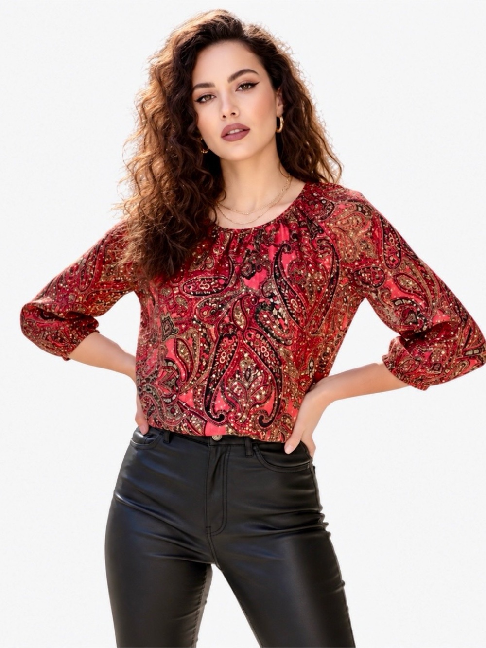 NWT Cathy Daniels Boho Paisley Sequin Blouse S Gold Shimmer Festival Top